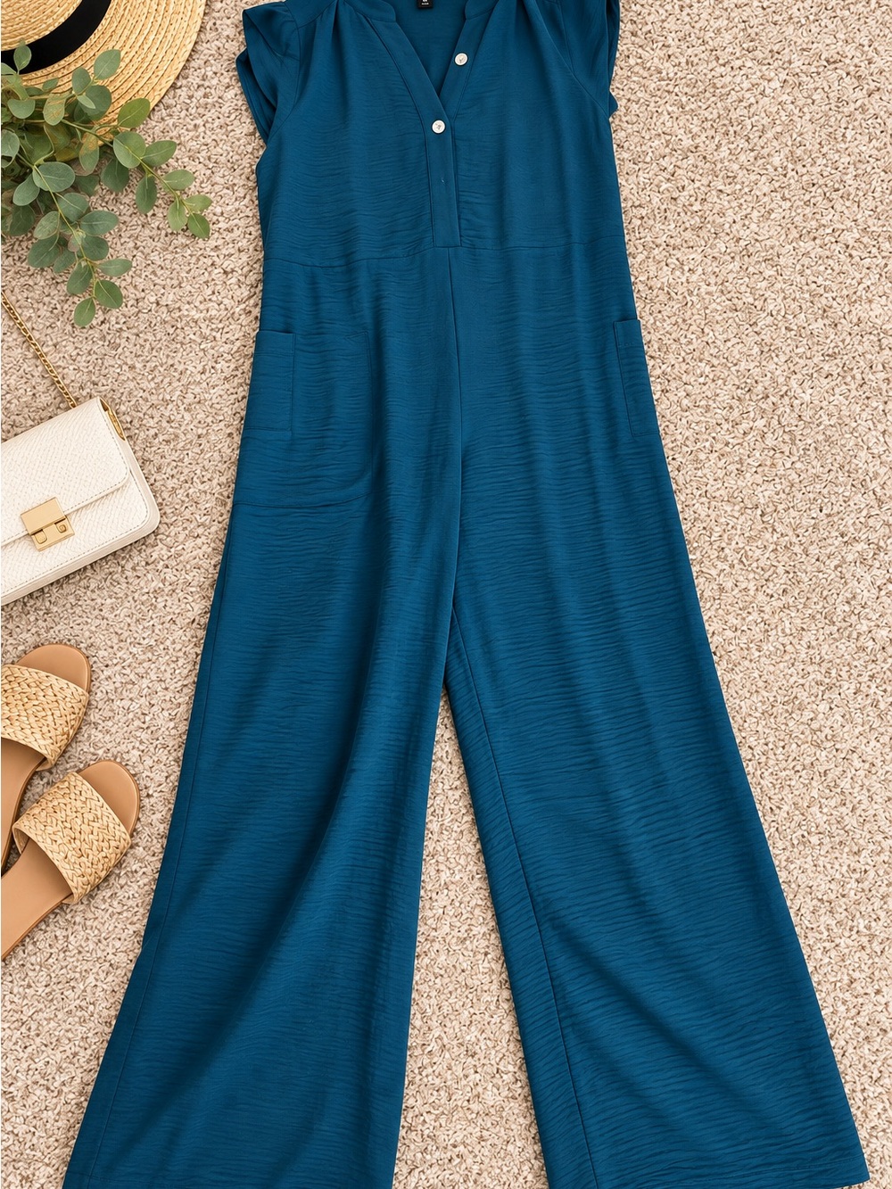 Short-Sleeve Teal Wide-Leg Jumpsuit
